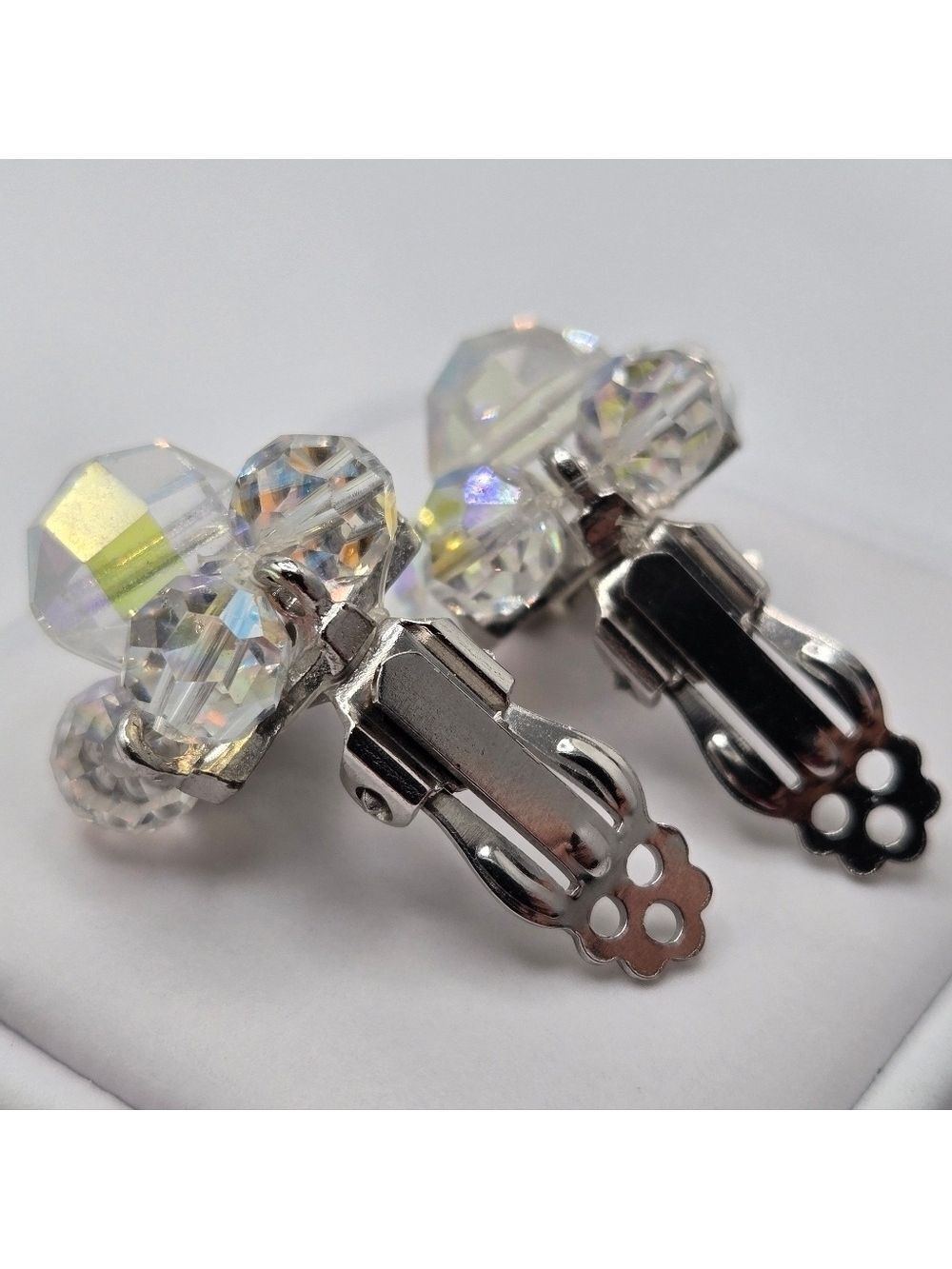 Aurora Borealis AB Handmade Beaded Flower Earrings Vintage Clip On - Picture 7 of 10